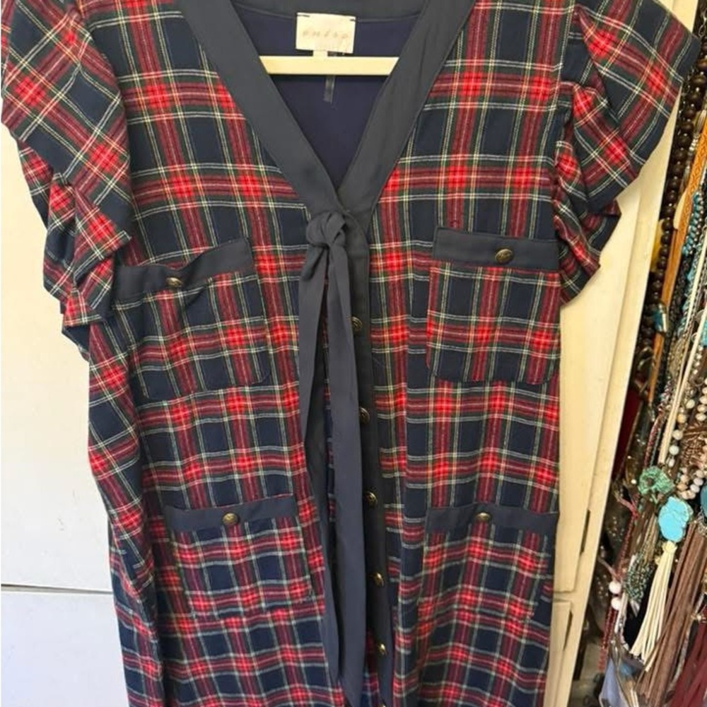 entro Red and Navy Plaid Tie-Front Dress